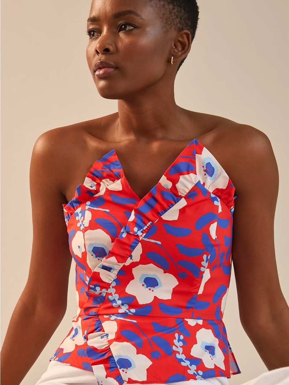 NWT Anthropologie Hutch Red Blue White Floral Strapless Ruffle Top - Picture 7 of 9